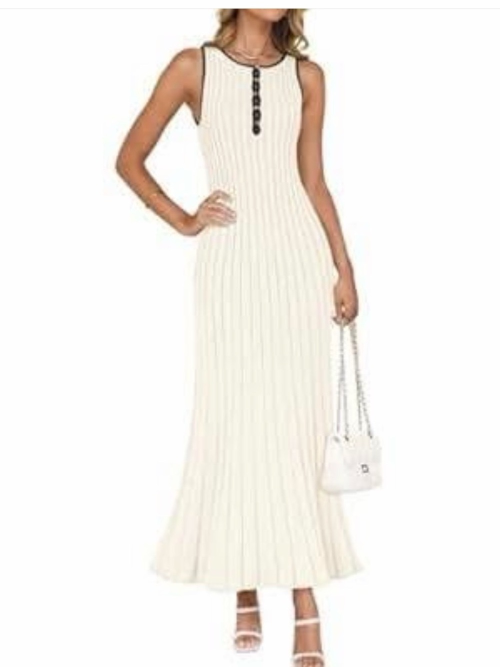 Ribbed Cream Maxi Dress with Black Trim – Sleeveless Button-Front